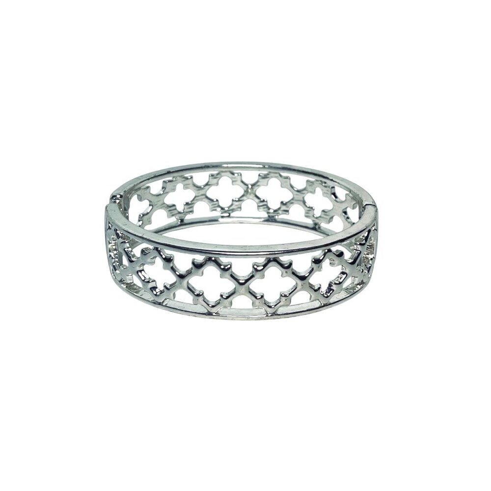Avon Silver Tone Open Keystone Design Hinged Bangle Bracelet (6156)